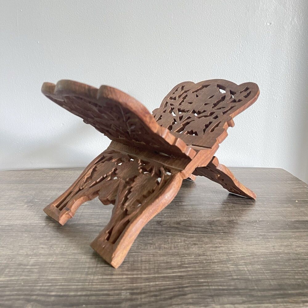 Vintage Wood Hand Carved Folding Book Bible Holder Display Rack Made In India